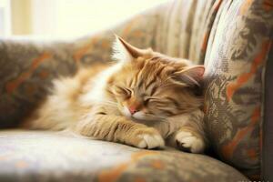 Cute cat sleeping or resting on the sofa at home. Lazy cat sleeping on the sofa. Cat day concept by AI Generated photo