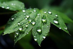 Macro shot of green leaves with water droplets, dew or rain drop on them. Green leaf nature forest concept by photo