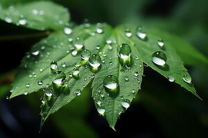 Macro shot of green leaves with water droplets, dew or rain drop on them. Green leaf nature forest concept by AI Generated photo