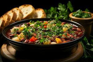 A delicious minestrone soup food in a bowl. Italian food and healthy protein soup meal concept by AI Generated photo