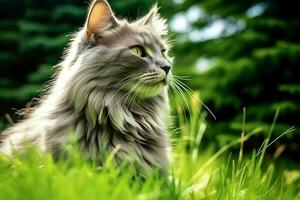 Cute cat look to the side and sitting in the garden or grass. Cat in nature habitat. Cat day concept by AI Generated photo