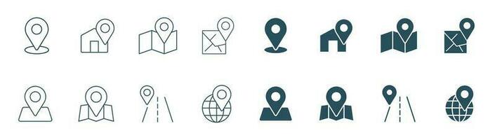 Map pin and navigation line icon set. symbol of mark location icons, home, route, located illustration vector