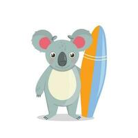 Koala stands and holds a surfboard. Vector graphic.