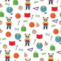 Seamless school pattern. Panda student, backpack, ruler, apple, book, brush, scissors, globe, basketball, numbers and letters. Vector graphic.