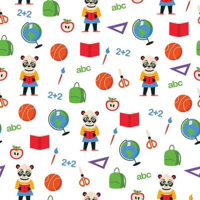 Seamless school pattern. Panda student, backpack, ruler, apple, book, brush, scissors, globe, basketball, numbers and letters. Vector graphic.