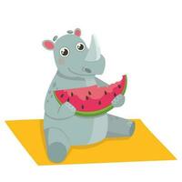 Rhino sits on a blanket or towel, and eats a watermelon. Vector graphic.