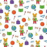 Seamless school pattern. Rabbit student, backpack, ruler, apple, book, brush, scissors, globe, basketball, numbers and letters. Vector graphic.