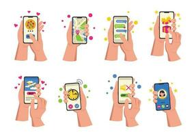 Set of illustrations of hands holding phones with different information. Vector graphic.