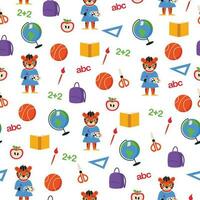 Seamless school pattern. Tiger student, backpack, ruler, apple, book, brush, scissors, globe, basketball, numbers and letters. Vector graphic.