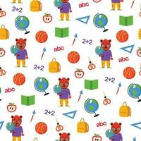 Seamless school pattern. Bear student, backpack, ruler, apple, book, brush, scissors, globe, basketball, numbers and letters. Vector graphic.