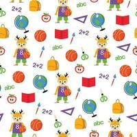 Seamless school pattern. Deer student, backpack, ruler, apple, book, brush, scissors, globe, basketball, numbers and letters. Vector graphic.