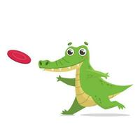 Crocodile runs and plays with frisbee. Vector graphic.