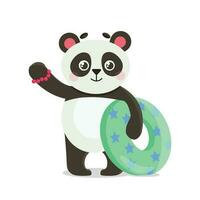 Panda holds an inflatable circle with stars. Vector graphic.