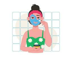 Skin care. Woman applies a cosmetic mask on her face with a brush. Vector graphic.