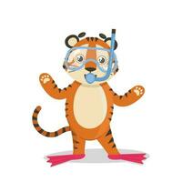 Tiger in a mask and fins for swimming. Vector graphic.