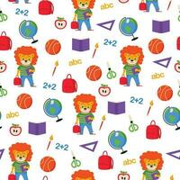 Seamless school pattern. Lion student, backpack, ruler, apple, book, brush, scissors, globe, basketball, numbers and letters. Vector graphic.