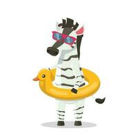 Zebra in sunglasses and with an inflatable circle duck. Vector graphic.