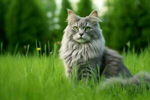 Cute cat look to the side and sitting in the garden or grass. Cat in nature habitat. Cat day concept by AI Generated photo