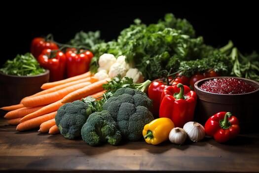 Collection mix fresh vegetables and fruits for a salad. Healthy diet concept and vegetables food by AI Generated photo