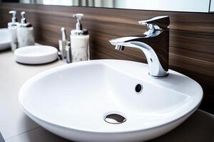 Modern public bathroom with row of white ceramic wash sink basins and faucet with mirror in restroom concept by photo