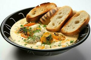 A delicious bouillabaisse soup food in a bowl. Marseille food and healthy protein soup meal concept by AI Generated photo