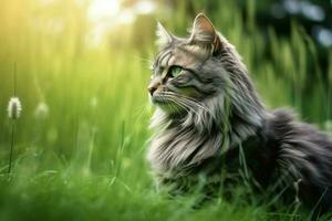 Cute cat look to the side and sitting in the garden or grass. Cat in nature habitat. Cat day concept by AI Generated photo