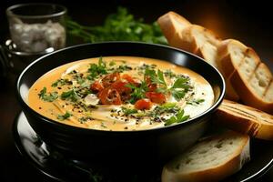 A delicious bouillabaisse soup food in a bowl. Marseille food and healthy protein soup meal concept by AI Generated photo