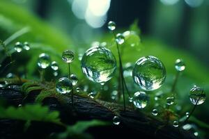 macro Disparo de verde hojas con agua gotas, Rocío o lluvia soltar en a ellos. verde hoja naturaleza bosque concepto por ai generado foto