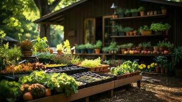 Wooden house in village with plants and flowers in backyard garden. Garden and flower on rural house concept by AI Generated photo