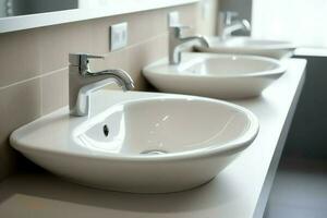 Modern public bathroom with row of white ceramic wash sink basins and faucet with mirror in restroom concept by AI Generated photo