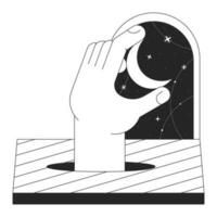 Hand taking moon off esoteric night sky flat monochrome isolated conceptual clipart. Surrealism. Editable black and white line vector object. Simple outline spot illustration for web graphic design