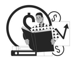 Man reading book bw concept vector spot illustration. Man reading bookkeeping book. Finance management 2D cartoon flat line monochromatic on white for web UI design. Editable isolated color hero image