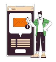 Getting text message flat line concept vector spot illustration. Notification. Man holding smartphone 2D cartoon outline character on white for web UI design. Editable isolated color hero image