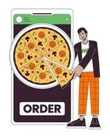 en línea ordenando comida plano línea concepto vector Mancha ilustración. hombre comprando Pizza por teléfono inteligente 2d dibujos animados contorno personaje en blanco para web ui diseño. editable aislado color héroe imagen