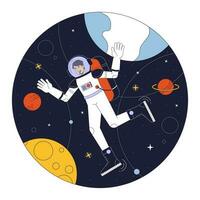 Astronaut in space flat line concept vector spot illustration. Man in space suit among planets 2D cartoon outline character on white for web UI design. Editable isolated color hero image