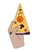 Hand holding pizza slice flat line concept vector spot illustration. Fast food 2D cartoon outline hand on white for web UI design. editable isolated color hero image