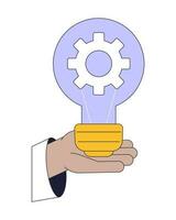 Invention flat line color isolated vector object. Hand holding light bulb with gear inside. Editable clip art image on white background. Simple outline cartoon spot illustration for web design