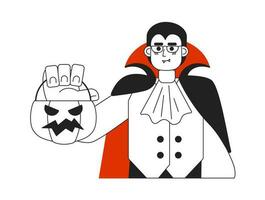 Glasses vampire holding trick or treat basket monochromatic flat vector character. Dracula costume. Editable thin line half body person on white. Simple bw cartoon spot image for web graphic design