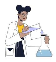 Scientist conducts experiment flat line concept vector spot illustration. Chemist pouring liquid into flask 2D cartoon outline character on white for web UI design. Editable isolated color hero image