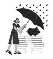 proteccion desde financiero riesgos bw concepto vector Mancha ilustración. mujer cubierta ahorros desde lluvia 2d dibujos animados plano línea monocromo en blanco para web ui diseño. editable aislado color héroe imagen