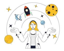 Female astrophysicist flat line concept vector spot illustration. Space exploration. Rocket science 2D cartoon outline character on white for web UI design. Editable isolated color hero image