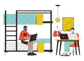 Dorm roommates studying together flat line vector spot illustration. Dormitory boys 2D cartoon outline characters on white for web UI design. Doing homework editable isolated color hero image