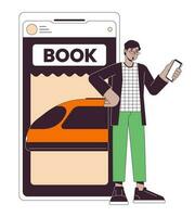 Tourist buying tickets on train flat line concept vector spot illustration. Online app. Man using smartphone 2D cartoon outline character on white for web UI design. Editable isolated color hero image