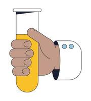 Hand holding test tube with liquid flat line color isolated vector object. Chemical reaction. Editable clip art image on white background. Simple outline cartoon spot illustration for web design