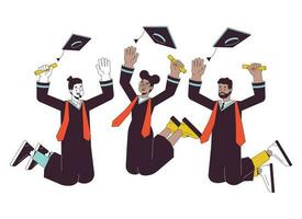 University graduation flat line vector spot illustration. Graduates throwing college caps 2D cartoon outline characters on white for web UI design. Masters students editable isolated color hero image