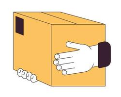 Hand holding paper box flat line concept vector spot illustration. Purchase delivery 2D cartoon outline hand on white for web UI design. editable isolated color hero image