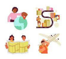 Tourists travelling 2D vector isolated spot illustrations scenes pack. Happy flat travelling characters going on vacation, planning trip on white background. Colorful editable scene