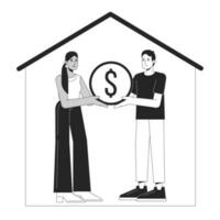 Couple buying real estate bw concept vector spot illustration. Happy people holding golden coin 2D cartoon outline characters on white for web UI design. Editable isolated color hero image