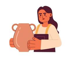 Indian woman holding handmade amphora semi flat color vector character. Pottery hobby. Editable half body girl in workshop on white. Simple cartoon spot illustration for web graphic design