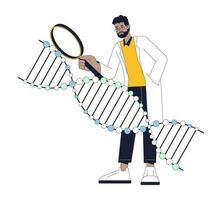 Scientist studying dna flat line concept vector spot illustration. Young man with magnifying glass 2D cartoon outline character on white for web UI design. Editable isolated color hero image